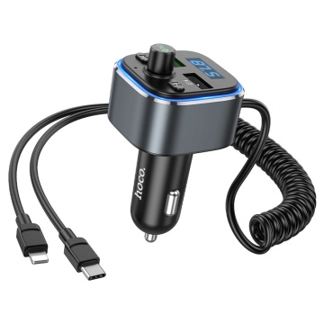 Modulator FM Hoco E74, 18W, 5V, 3A, 2xUSB-A, QC 3.0, + Cablu extensibil 2in1, argintiu - Img 1