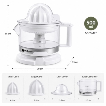 Storcator electric pentru citrice Hoffmans HM-8818, 40W, recipient 500 ml, 2 conuri, regulator pulpa 5 trepte, Alb - Img 7