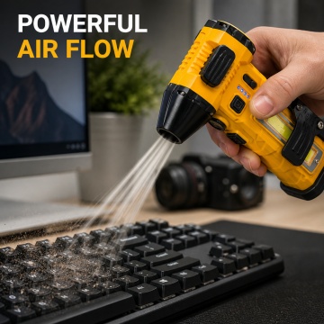 Suflanta Aer Comprimat Portabila 4 in 1 Pexor, Functie Aspirate, Turbo Fan 140000 RPM, 4 Trepte Putere, Baterie 8000 mAh, Incarcare USB-C, Motor Fara Perii, Galben-Negru - Img 6