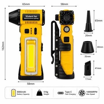 Suflanta Aer Comprimat Portabila 4 in 1 Pexor, Functie Aspirate, Turbo Fan 140000 RPM, 4 Trepte Putere, Baterie 8000 mAh, Incarcare USB-C, Motor Fara Perii, Galben-Negru - Img 7