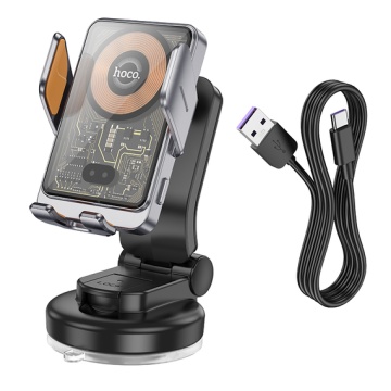 Suport auto Hoco HW8, wireless 15W, AutoSensor, bord, cleme laterale, USB-C, gri transparent - Img 2