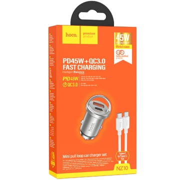 Incarcator Auto + Cablu USB-C, Hoco NZ10, 1m, 45W, 1xUSB-C, 1xUSB-A, PD, QC 3.0, argintiu - Img 5