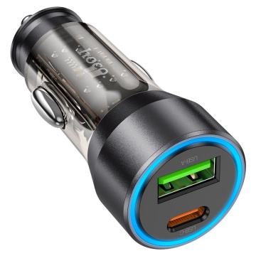 Incarcator Auto, Hoco NZ12A,25W, 1xUSB-C, 1xUSB-A, PD, QC 3.0, transparent-negru - Img 3