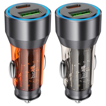Incarcator Auto, Hoco NZ12A,25W, 1xUSB-C, 1xUSB-A, PD, QC 3.0, transparent-orange - Img 3