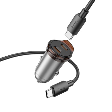 Incarcator auto Hoco NZ16B, PD45W, 2xUSB-C, cablu USB-C 1m, gri - Img 5