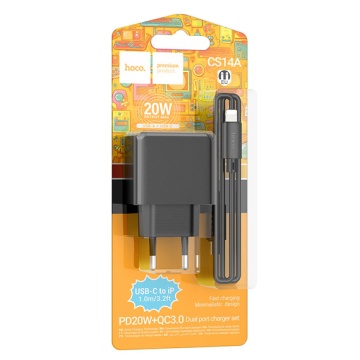 Incarcator Retea + Cablu Lightning, Hoco CS14A, 20W, 1xUSB-C, 1xUSB-A, PD, QC 3.0, negru - Img 5