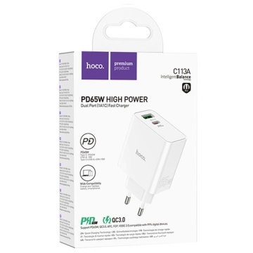Incarcator Retea Hoco C113A, 65W, 1xUSB-C, 1xUSB-A, PD, QC 3.0, alb - Img 5