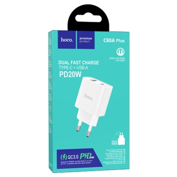 Incarcator Retea Hoco C80A Plus, 20W, 5V, 3.1A, 1xUSB-C, 1xUSB-A, PD, QC 3.0, alb - Img 2