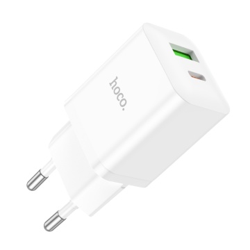 Incarcator Retea Hoco N28, 20W, 1xUSB-C, 1xUSB-A, PD, QC 3.0, alb - Img 1