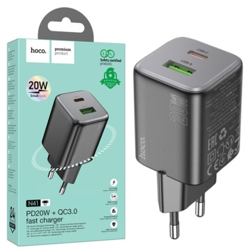 Incarcator Retea Hoco N41, 20W, 1xUSB-C, 1xUSB-A, PD, QC 3.0, negru - Img 5