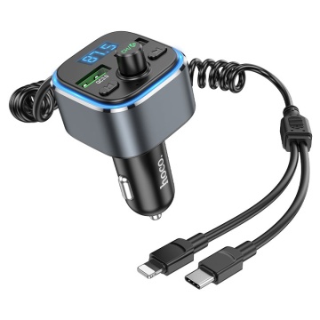 Modulator FM Hoco E74, 18W, 5V, 3A, 2xUSB-A, QC 3.0, + Cablu extensibil 2in1, argintiu - Img 2