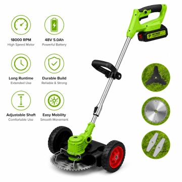Motocoasa electrica cu roti 2 acumulatori 48V, fara fir, 18000 RPM, Autonomie Mare, 3 Tipuri de Lame de Taiere, Brat ajustabil, Pexor verde - Img 4