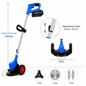 Motocoasa electrica cu roti 2 acumulatori 48V, fara fir, 18000 RPM, Autonomie Mare, 3 Tipuri de Lame de Taiere, Brat ajustabil, Pexor, Albastru - Img 7
