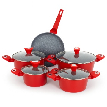 Set oale gatit ZILAN 9 piese, aluminiu interior granit baza 3 straturi, capace sticla, ZLN-3260, rosu