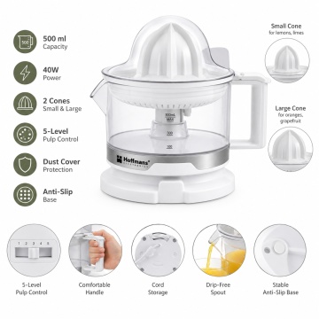 Storcator electric pentru citrice Hoffmans HM-8818, 40W, recipient 500 ml, 2 conuri, regulator pulpa 5 trepte, Alb - Img 4