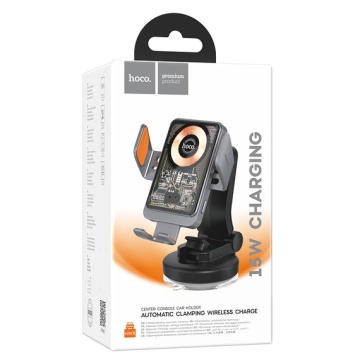 Suport auto Hoco HW8, wireless 15W, AutoSensor, bord, cleme laterale, USB-C, gri transparent - Img 3