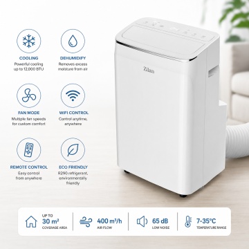 Aer conditionat mobil Zilan ZLN1054, 12000 BTU, 3 in 1 racire dezumidificare ventilatie, WiFi, telecomanda, alb - Img 4