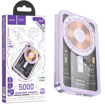 Baterie externa Hoco Q14, 5000mAh, wireless, Type-C PD 20W, magnet, display LED, Violet - Img 2
