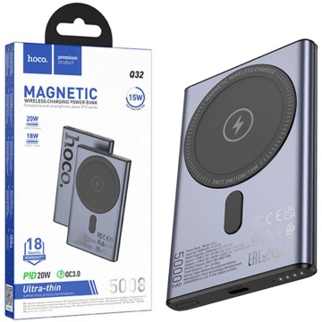 Baterie externa Hoco Q32, 5000mAh, wireless magnetica, PD 20W, USB-C, metal gray - Img 1