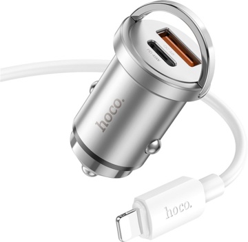 Incarcator Auto + Cablu Lightning, Hoco NZ10, 1m, 45W, 1xUSB-C, 1xUSB-A, PD, argintiu - Img 2