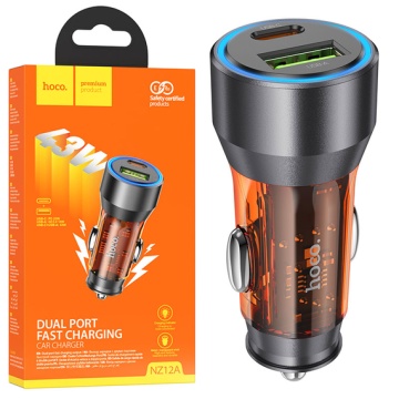 Incarcator Auto, Hoco NZ12A,25W, 1xUSB-C, 1xUSB-A, PD, QC 3.0, transparent-orange - Img 4