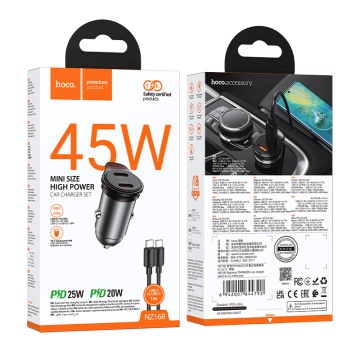Incarcator auto Hoco NZ16B, PD45W, 2xUSB-C, cablu USB-C 1m, gri - Img 1