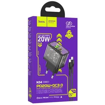 Incarcator Retea + Cablu Lightning, Hoco N34, 20W, 1xUSB-C, 1xUSB-A, PD, QC 3.0, transparent-negru - Img 6