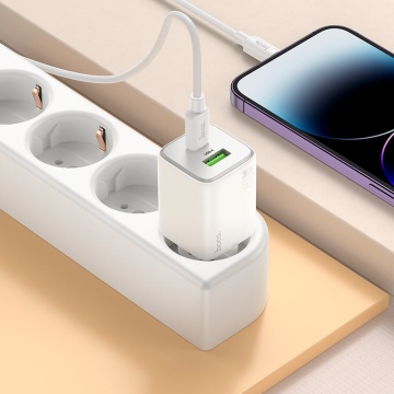 Incarcator Retea + Cablu Lightning, Hoco N41, 20W, 1xUSB-C, 1xUSB-A, PD, QC 3.0, alb - Img 3
