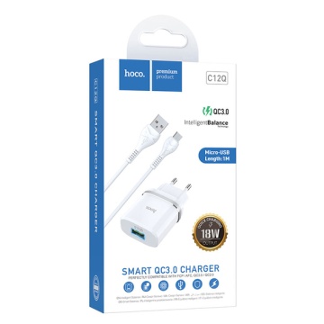 Incarcator Retea + Cablu MicroUSB, Hoco C12Q, 18W, 1xUSB-A, QC 3.0, alb - Img 4
