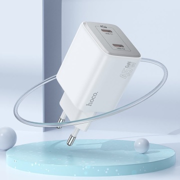 Incarcator Retea + Cablu USB-C, Hoco N42, 45W, 2xUSB-A, alb - Img 2
