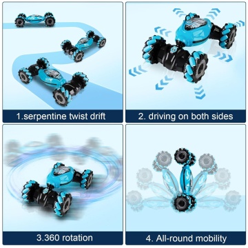 Masina cascadorii RC 4x4, rotire 360°, drift, control gesturi + telecomanda, LED, baterie reincarcabila, off-road, albastru - Img 3