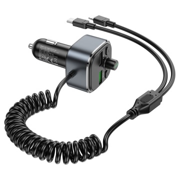 Modulator FM Hoco E74, 18W, 5V, 3A, 2xUSB-A, QC 3.0, + Cablu extensibil 2in1, argintiu - Img 3