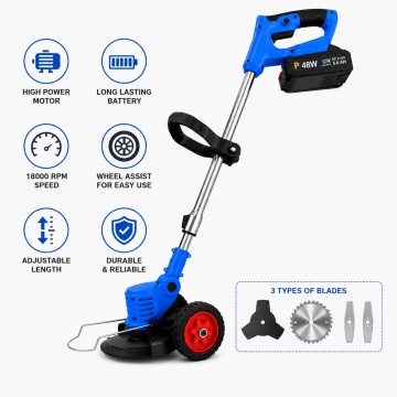 Motocoasa electrica cu roti 2 acumulatori 48V, fara fir, 18000 RPM, Autonomie Mare, 3 Tipuri de Lame de Taiere, Brat ajustabil, Pexor, Albastru - Img 4