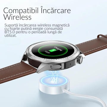 Smartwatch barbati Hoco Y21, ecran AMOLED 1.43", Bluetooth 5.0, apeluri, baterie 250mAh, curea piele, metal silver - Img 4