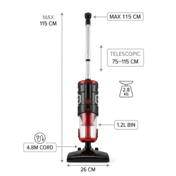 Aspirator vertical cu fir multifunctional 3 in 1 Hoffmans HM-8803 Putere 1800W, Filtrare multipla, Cablu 4.8m, Negru/Rosu - Img 7