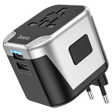 Convertor priza 2xUSB-A, Hoco AC5, adaptor universal EU/UK/US/AUS, incarcare rapida, compact, alb - Img 1