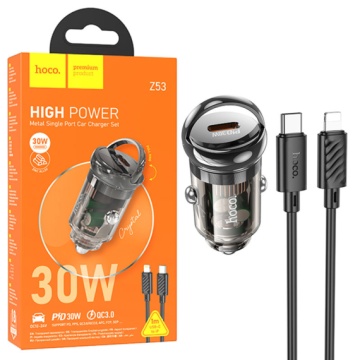 Incarcator Auto + Cablu Lightning, Hoco Z53, 30W, 1xUSB-C, PD, Ring-Pull, negru - Img 5