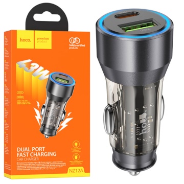 Incarcator Auto, Hoco NZ12A,25W, 1xUSB-C, 1xUSB-A, PD, QC 3.0, transparent-negru - Img 5