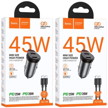 Incarcator auto Hoco NZ16B, PD45W, 2xUSB-C, cablu USB-C 1m, gri - Img 6