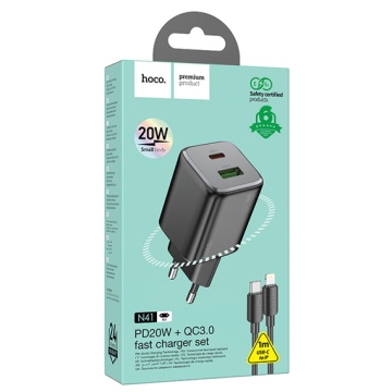 Incarcator Retea + Cablu Lightning, Hoco N41, 20W, 1xUSB-C, 1xUSB-A, PD, QC 3.0, negru - Img 6