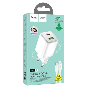 Incarcator Retea + Cablu Lightning, Hoco N41, 20W, 1xUSB-C, 1xUSB-A, PD, QC 3.0, alb - Img 4
