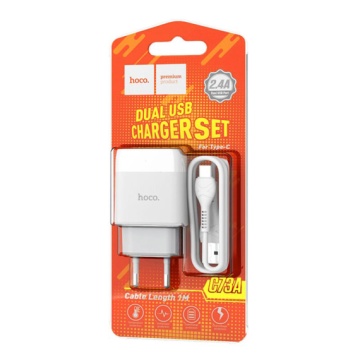 Incarcator Retea + Cablu USB-C, Hoco C73A, 18W, 2xUSB-A, QC 3.0, alb - Img 3