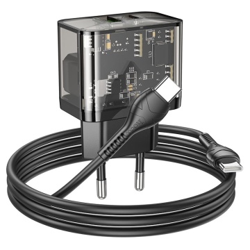 Incarcator Retea + Cablu USB-C, Hoco N34,20W, 1xUSB-C, 1xUSB-A, PD, QC 3.0, transparent-negru - Img 1