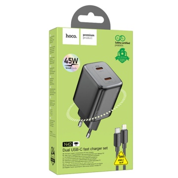 Incarcator Retea + Cablu USB-C, Hoco N42, 45W, 2xUSB-A, negru - Img 6