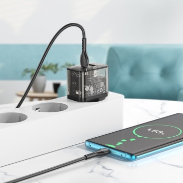 Incarcator Retea, Hoco N34, 20W, 1xUSB-C, 1xUSB-A, PD, QC 3.0, transparent-negru - Img 3