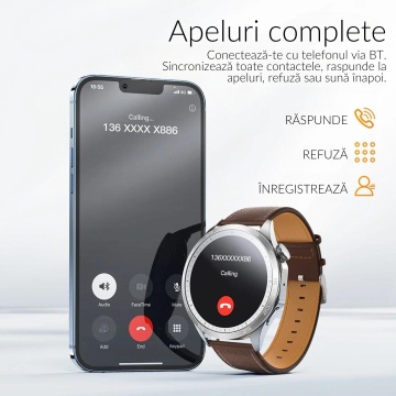 Smartwatch barbati Hoco Y21, ecran AMOLED 1.43", Bluetooth 5.0, apeluri, baterie 250mAh, curea piele, metal silver - Img 5