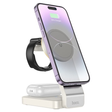 Statie Incarcare Wireless, Hoco CQ3, MagSafe, 15W, Qi Charging, Stand, 3 in 1, alb - Img 2