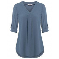 Cuffed Sleeve Chiffon V Neck Blouse