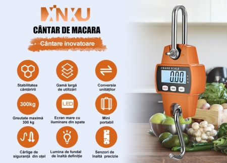 Cantar electronic de Mana, Xinxu, cu carlig, Portabil, Maxim 300 kg, Display Iluminat, Pentru bucatarie, pescuit, alimente, transport maritim, Portocaliu