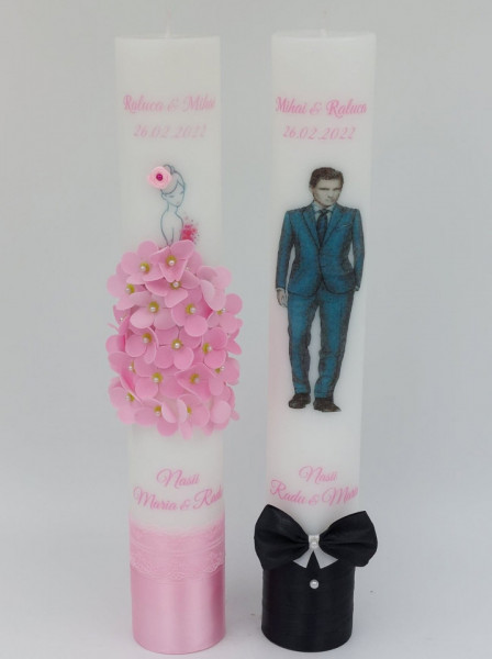 Set 2 Lumanari Nunta/Cununie Cu Rochie Din Flori Artificiale